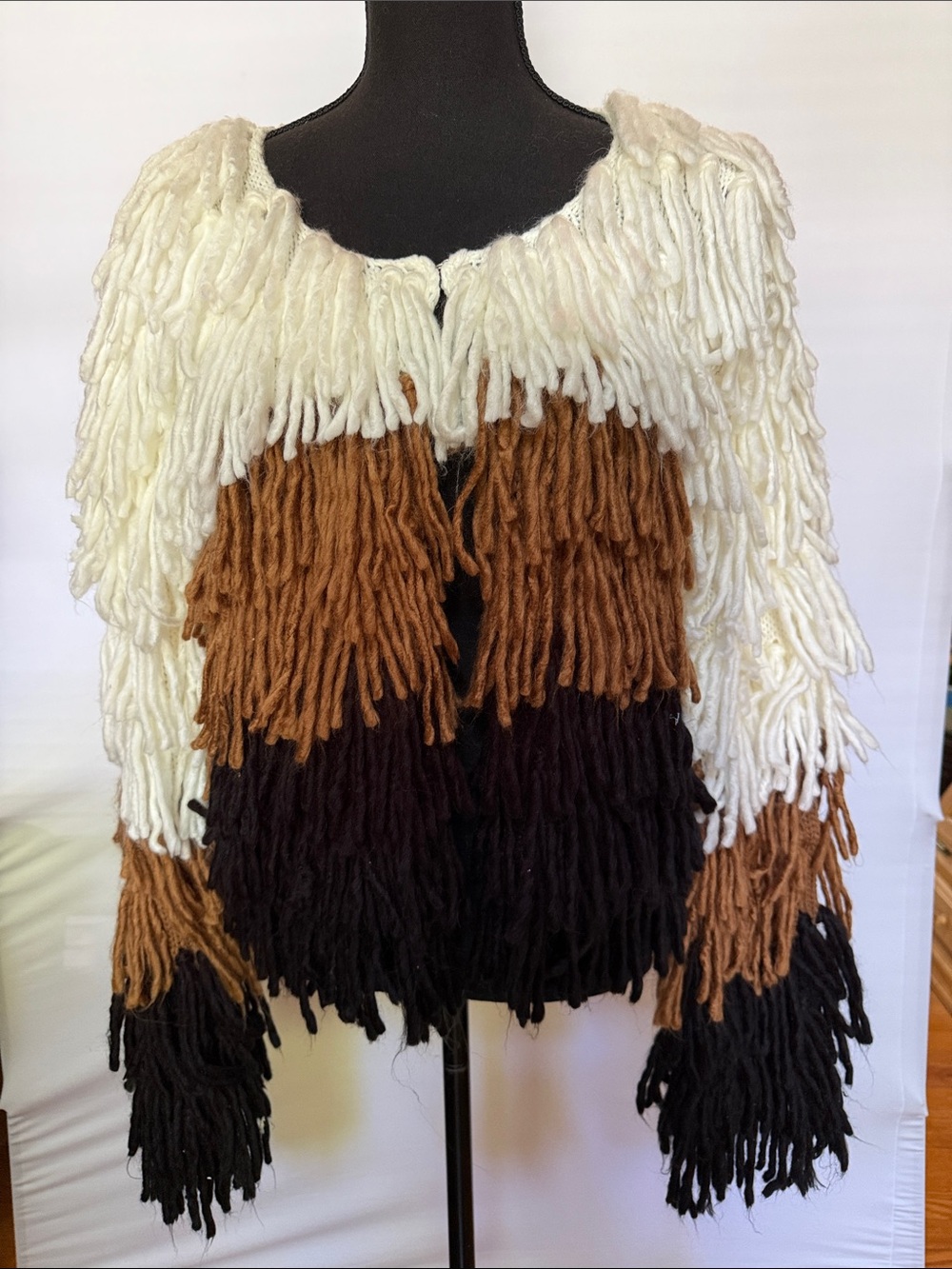 Fringe Knit Multi-Color Women's Jacket - Cream, Brown & Black